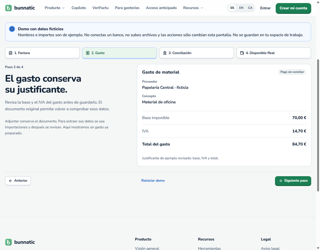 Captura de la interfaz de la demo pública de Bunnatic con datos ficticios.