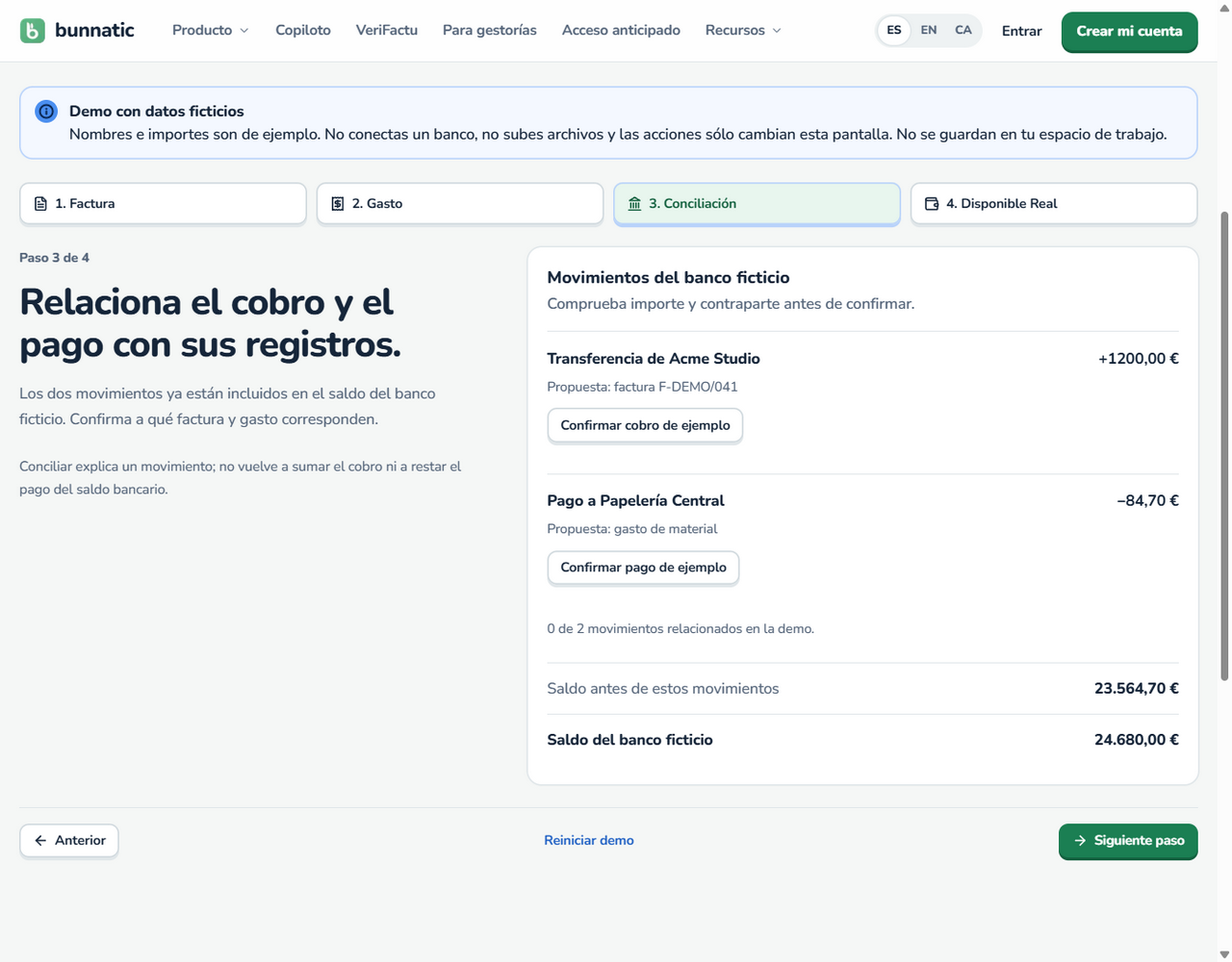 Captura de la interfaz de la demo pública de Bunnatic con datos ficticios.